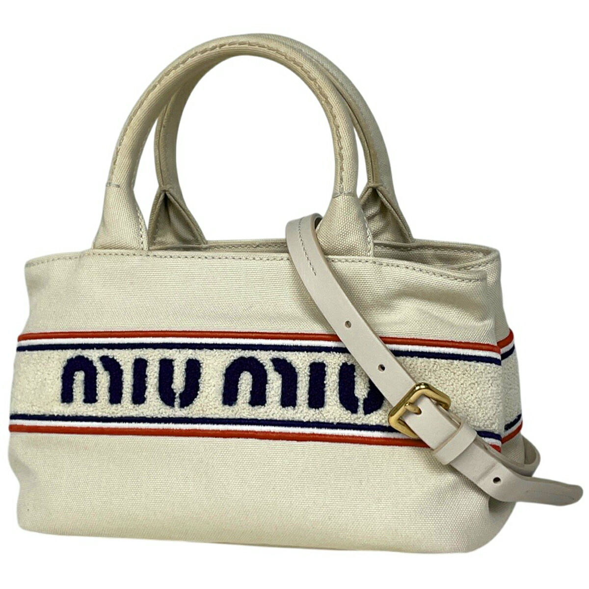ミュウ ミュウ Miu Miu ロゴタイプ ハンドバック 2WAY ショルダーバッグ 帆布 象牙色 5BA253 レディース 【中古】