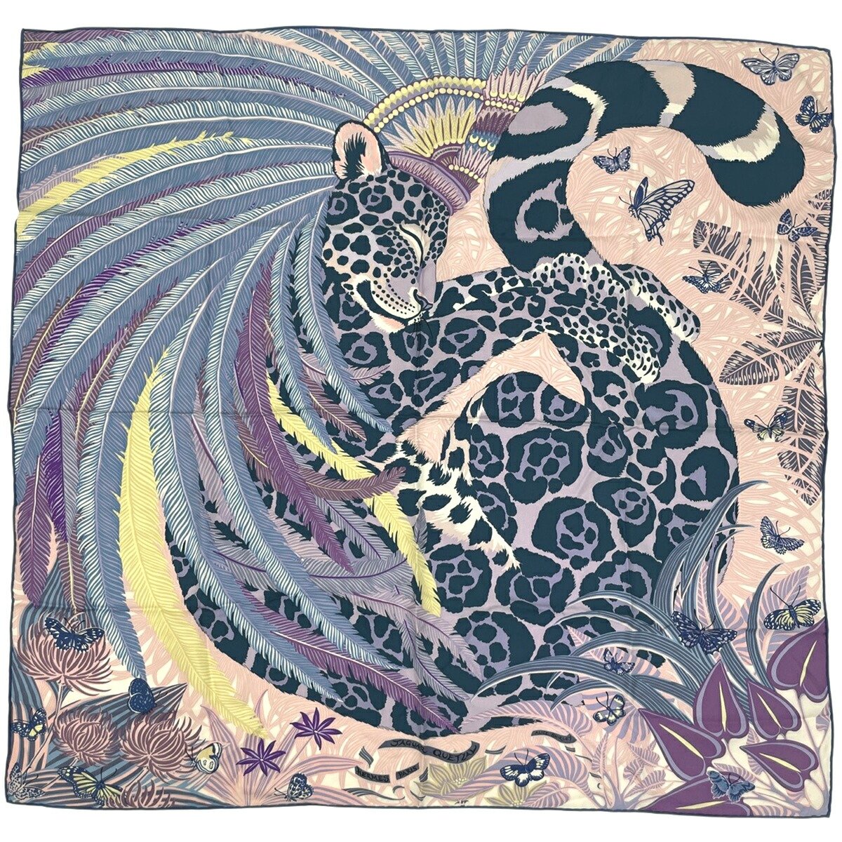 エルメス HERMES カレ90 JAGUAR QUETZAL ジャガー ケツァール えり巻き 絹地 パープル マルチ色合い レディース 【中古】