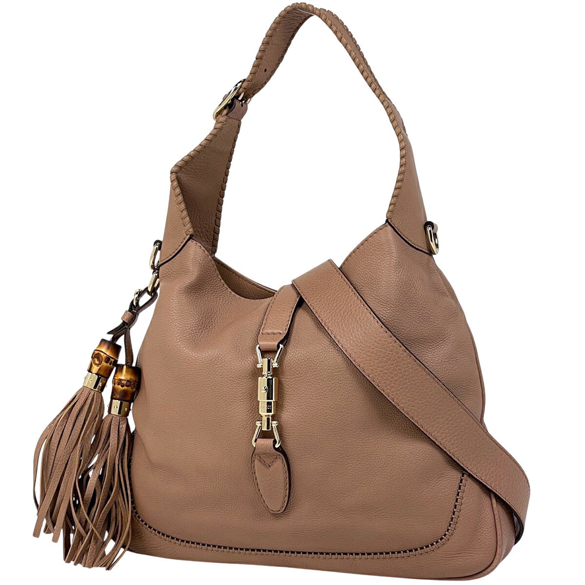 グッチ GUCCI ニュージャッキーライン ハンドバック 2WAY ショルダーバッグ バンブー フリンジ なめし革 ベージュ 246907 レディース 【中古】