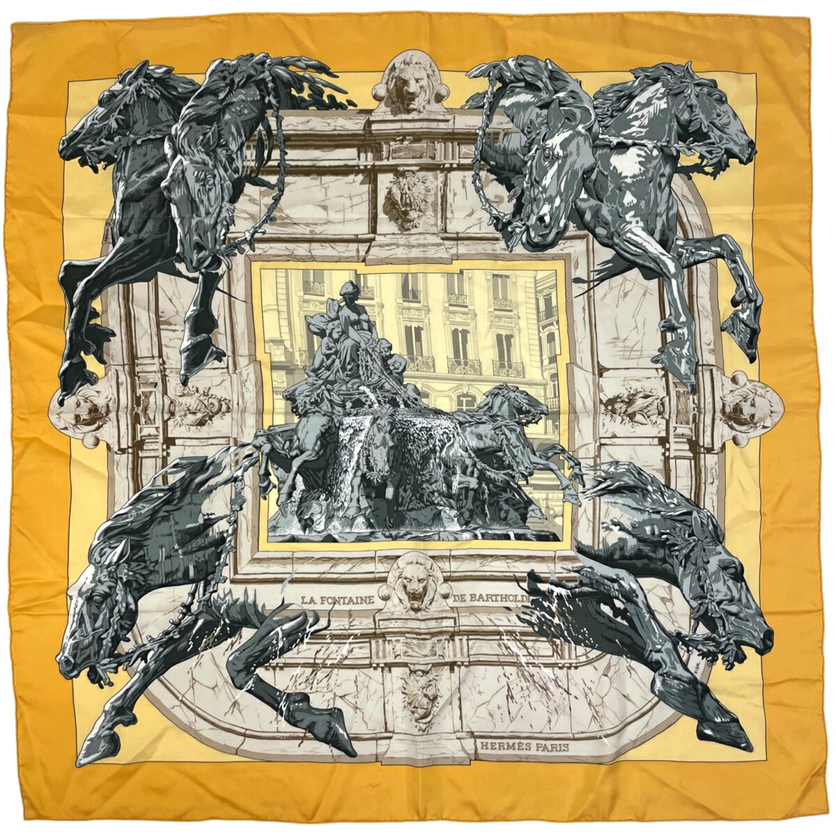 エルメス HERMES カレ90 天使の都市 FONTAINE DE BARTHOLDI バルトルディの泉 えり巻き 絹地 黄色 マルチ色合い レディース 【中古】