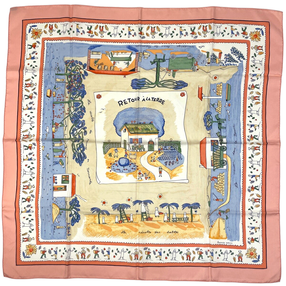 エルメス HERMES カレ90 RETOUR A 天使の都市 TERRE 出どころに帰る えり巻き 地絹 さくら色 マルチ色つや レディース 【中古】