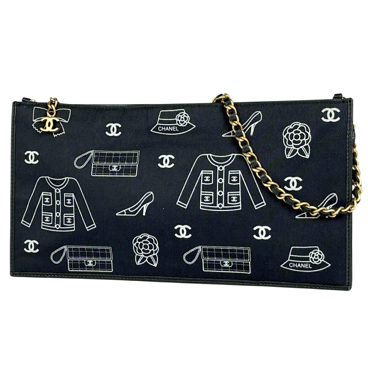シャネル CHANEL ココマーク チェーン店 ショルダーバッグ 合切袋 アイコンプリント 帆布 黒いこと レディース 【中古】