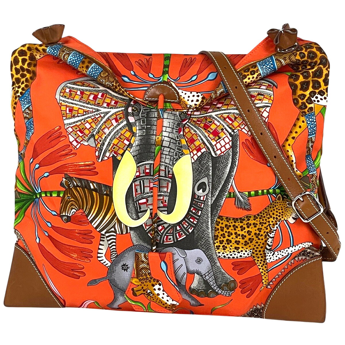 エルメス HERMES シルキーシティPM La Marche du Zambeze ザンベジ川の練りあるく ショルダーバッグ 地絹 オレンジ色 マルチ色つや X レディース 【中古】