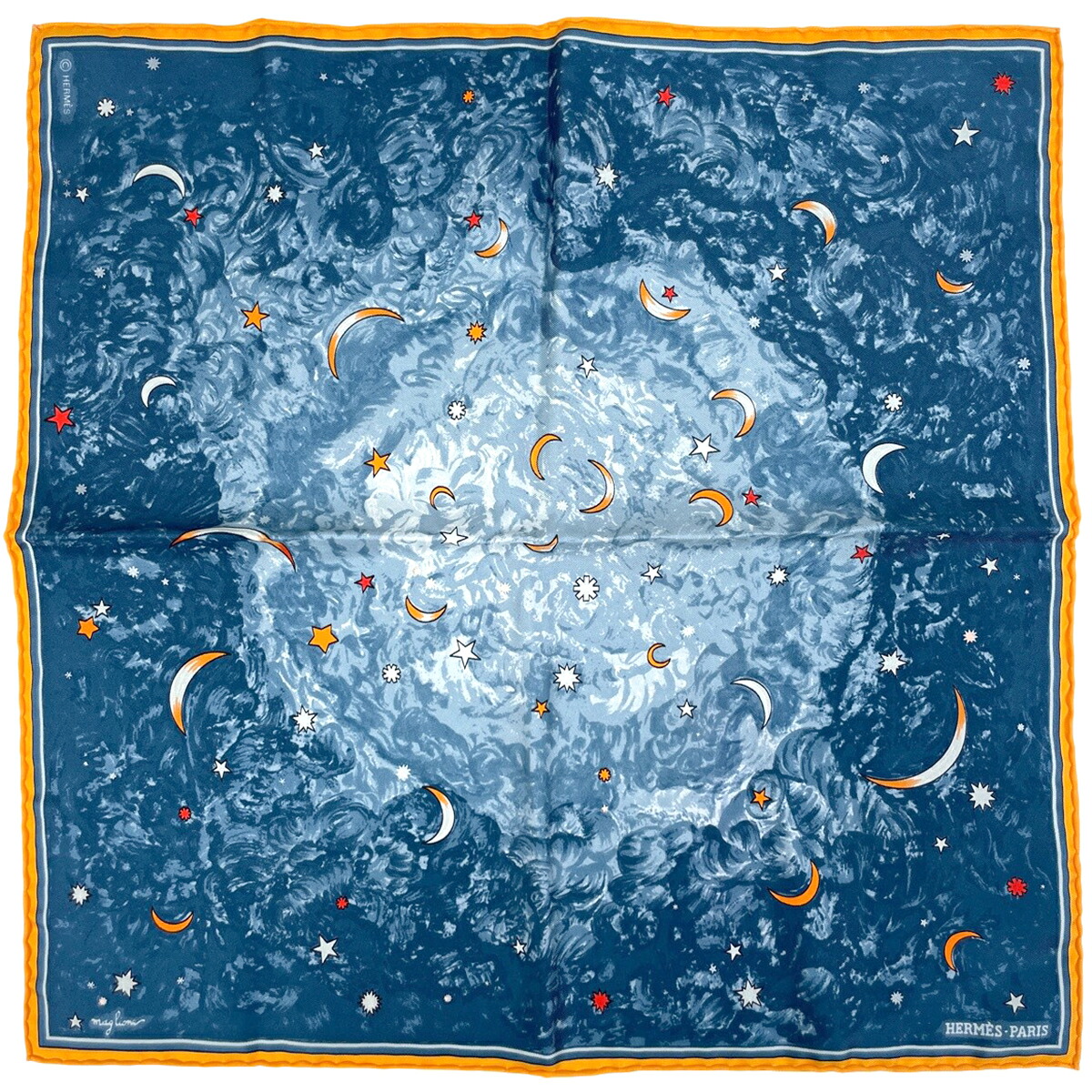エルメス HERMES プチカレ l\u0027Annee des Etoiles 星の現代世界 えり巻き 絹地 青碧 黄色 レディース 【中古】