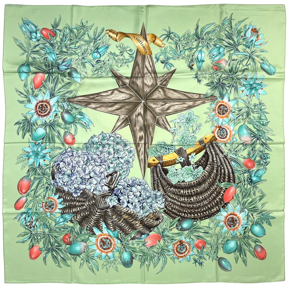 エルメス 花柄 デザインプレート エルメス HERMES カレ90 PASSIFLORES 向かっ腹お花 えり巻き 絹地 緑で