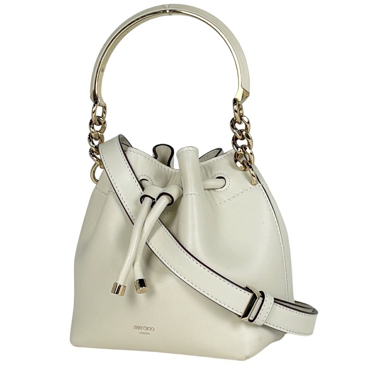 ジミーチュウ JIMMY CHOO ロゴ ハンドバッグ 2WAY 巾着型 レザー ホワイト レディース 【中古】 msp29|バイセル 店