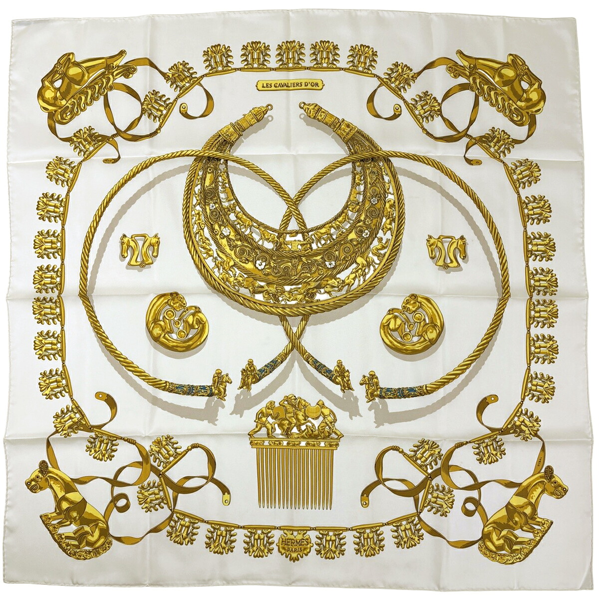 エルメス HERMES カレ90 LES CAVALIERS D'OR 黄金の騎士 スカーフ シルク ホワイト ゴールド レディース 【中古】 msp29｜バイセル 店