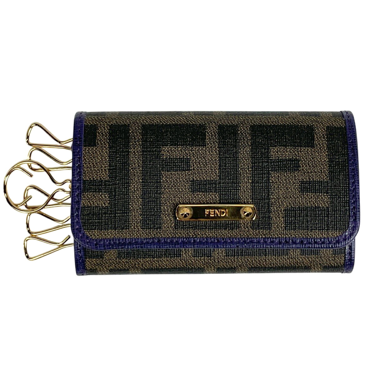 フェンディ FENDI ズッカ柄 6連 キーケース キーフック 鍵入れ コーティングキャンバス レザー ブラウン パープル 8AP079 レディース 【中古】 msp29｜バイセル 店