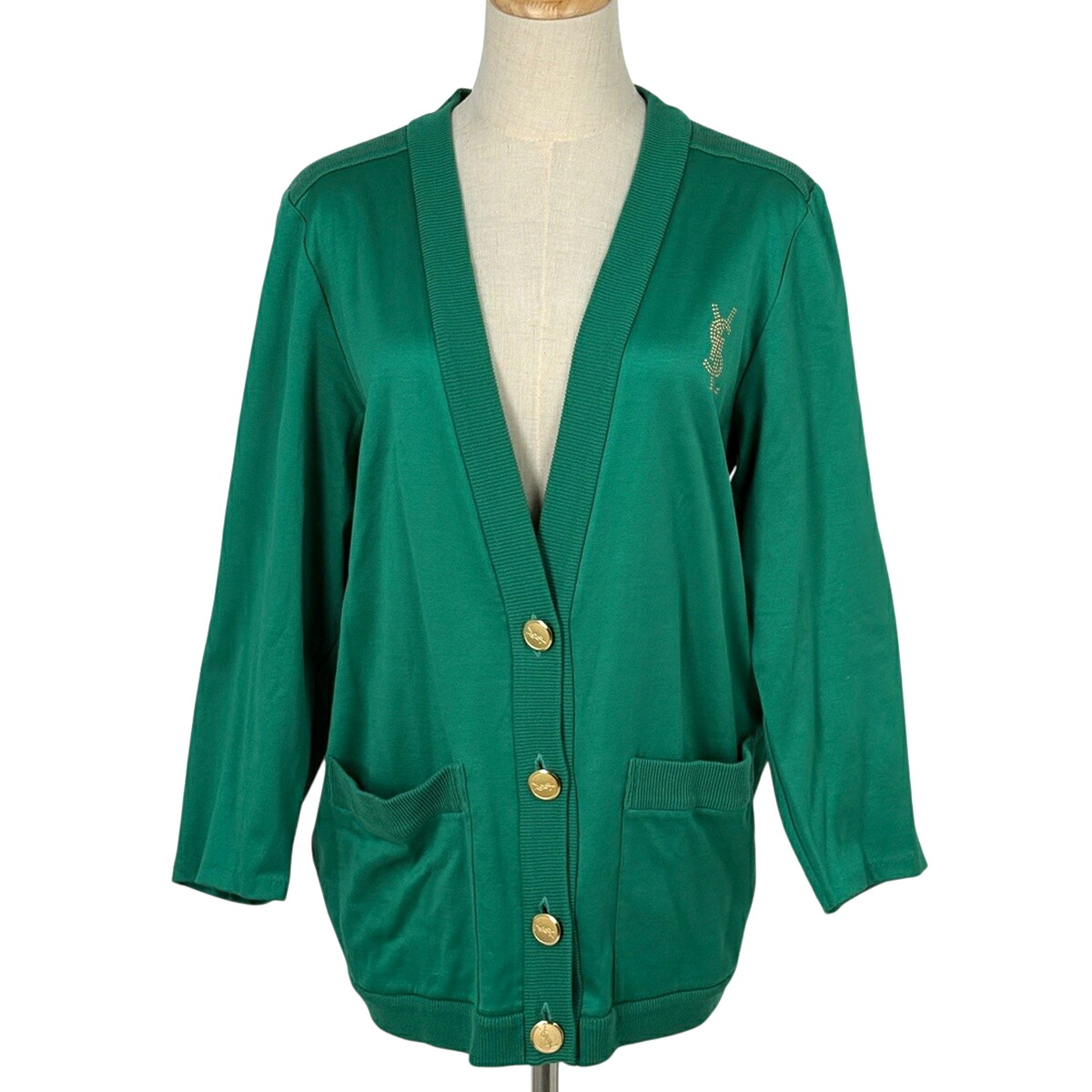 イヴ・サンローラン YVES SAINT LAURENT ロゴボタン カーディガン スタッズ トップス カーディガン 綿 グリーン レディース 【中古】|バイセル 店