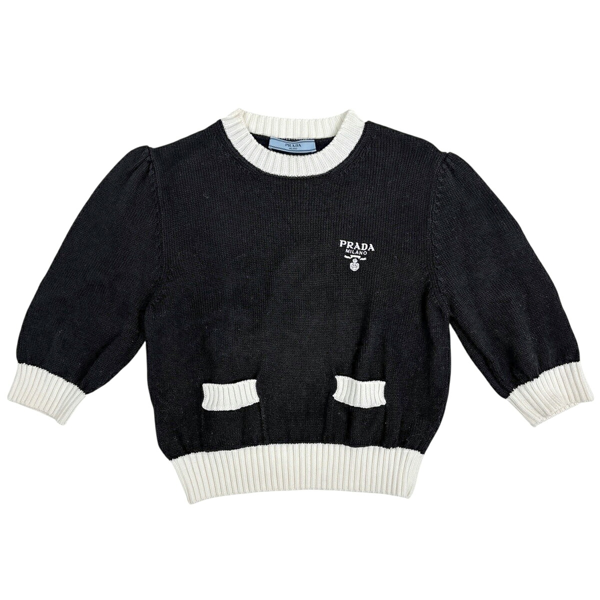 プラダ PRADA ロゴ クルーネック セーター 半袖 トップス ニット コットン ブラック レディース 【中古】｜バイセル 店