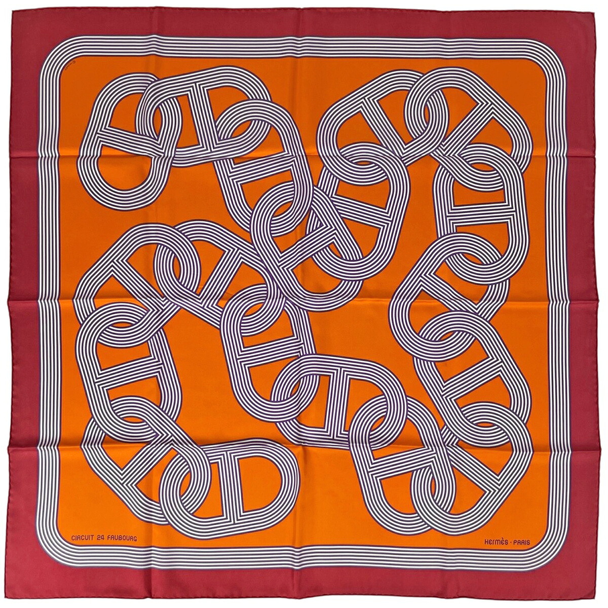 エルメス HERMES カレ90 CIRCUIT 24 FAUBOURG スカーフ 24番地のサーキット シェーヌダンクル シルク オレンジ マルチカラー レディース 【中古】｜バイセル 店