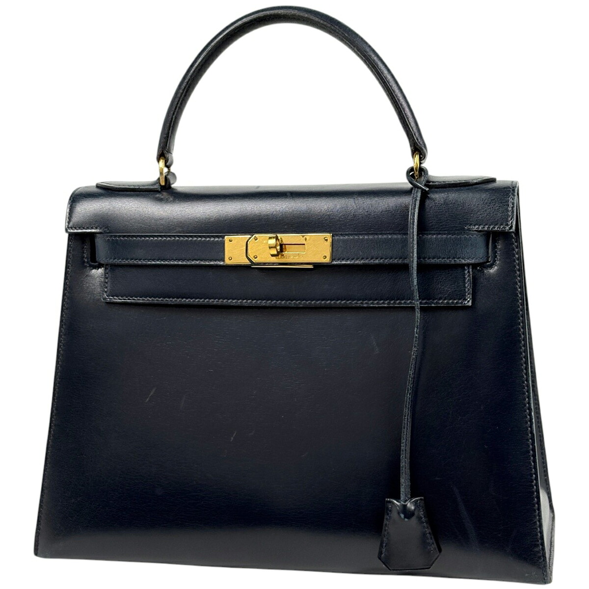 エルメス HERMES ケリー28 外縫い ハンドバッグ ボックスカーフ ネイビー レディース 【中古】|バイセル 店
