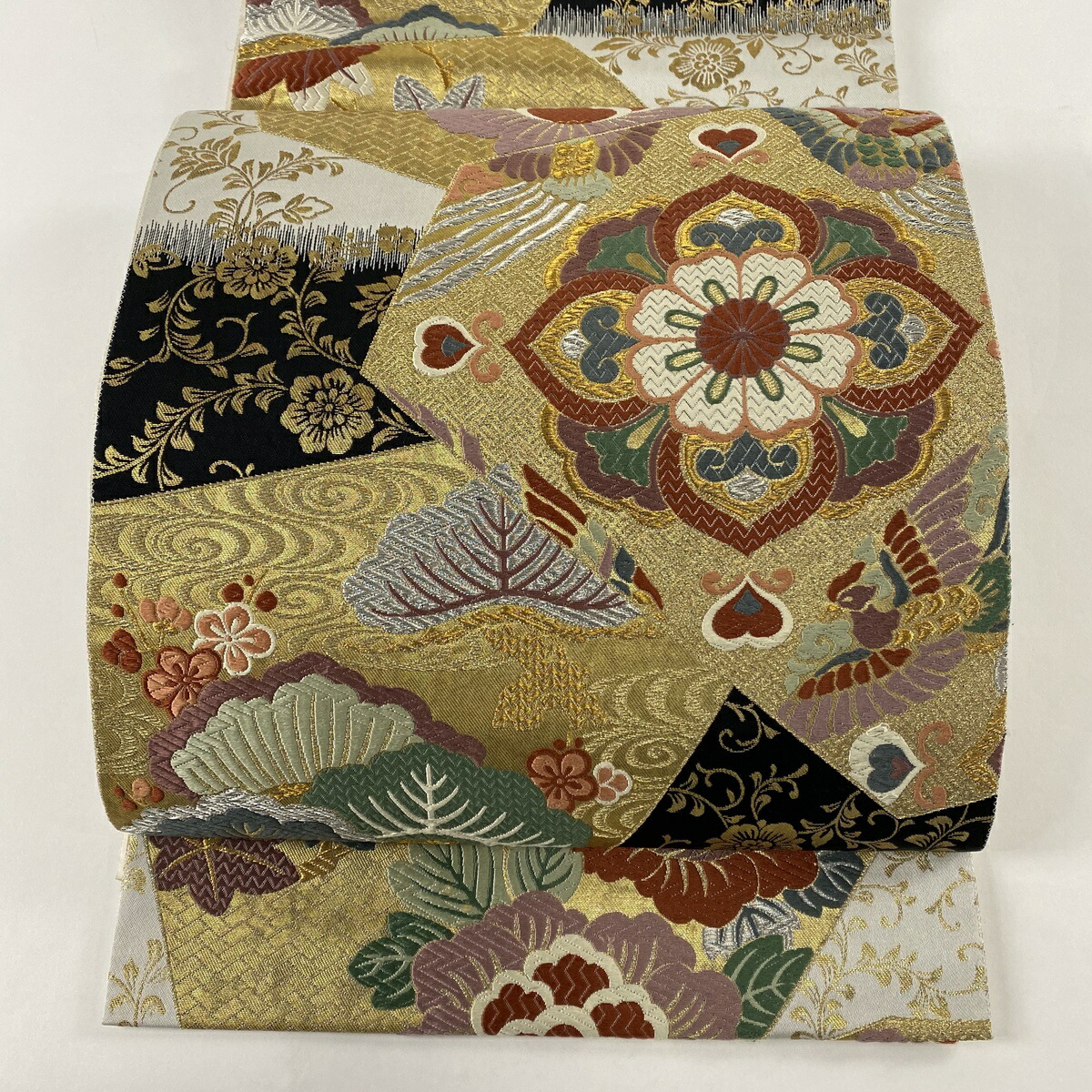 開店記念セール 名品 美品 袋帯 華文 中古 正絹 六通 灰白 金銀糸 刺繍 笠松 レディースファッション