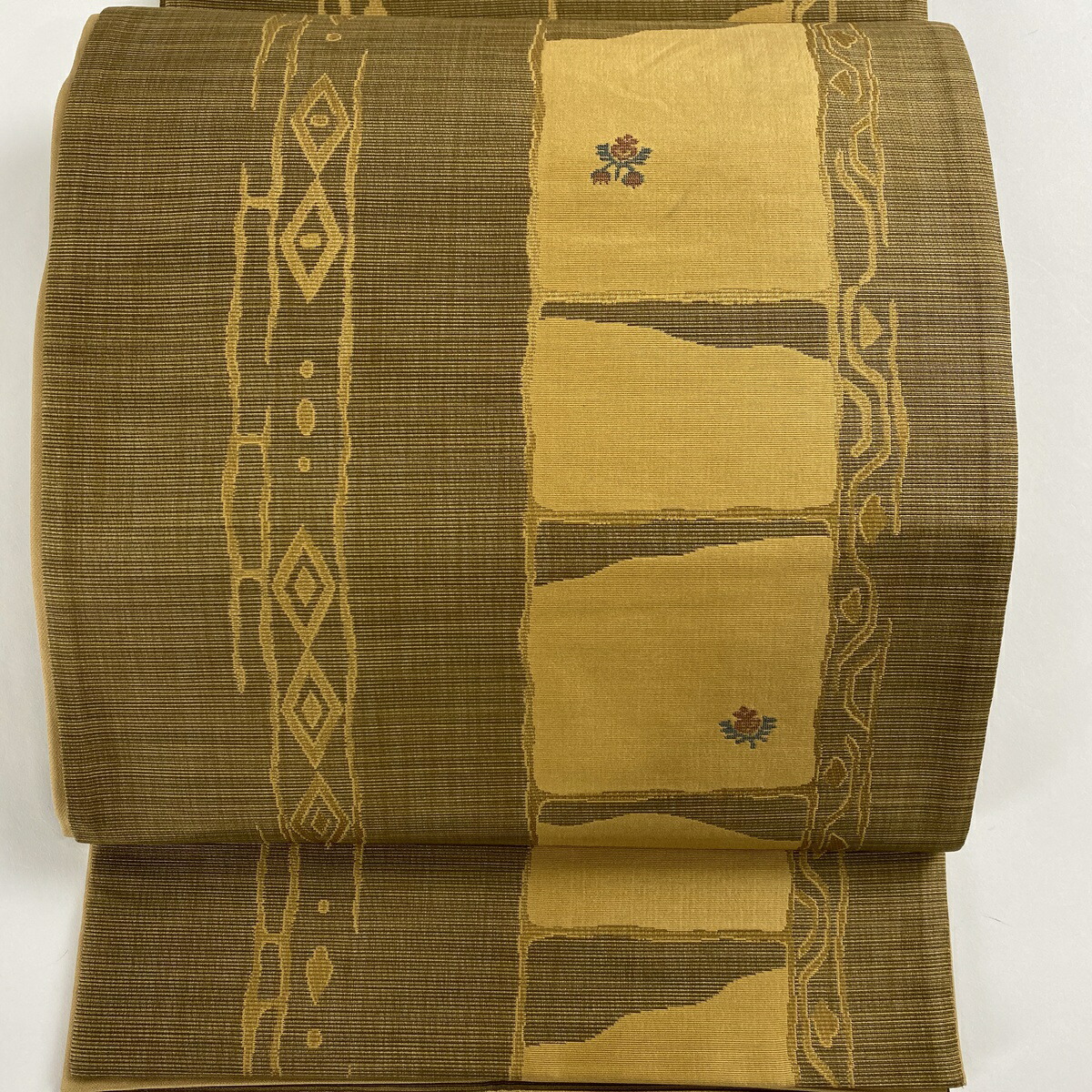 訳あり 美品 袋帯 秀品 中古 正絹 六通 黄土色 花 幾何学模様 Hamrahtrader Com