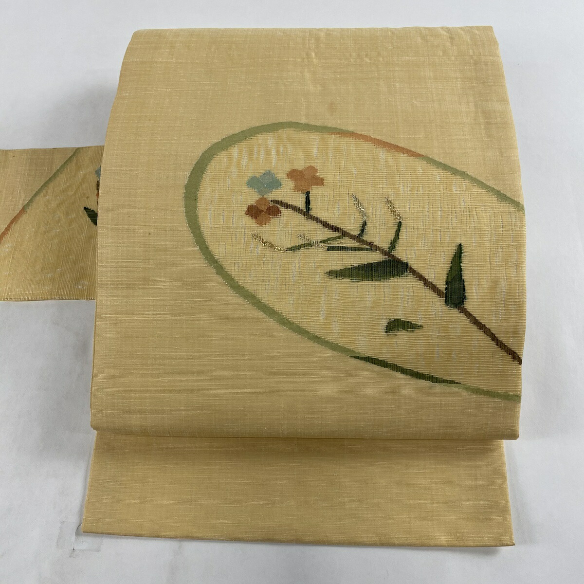 激安 名古屋帯 美品 中古 正絹 薄オレンジ 箔 草花 紬地 落款あり 秀品 Hamrahtrader Com