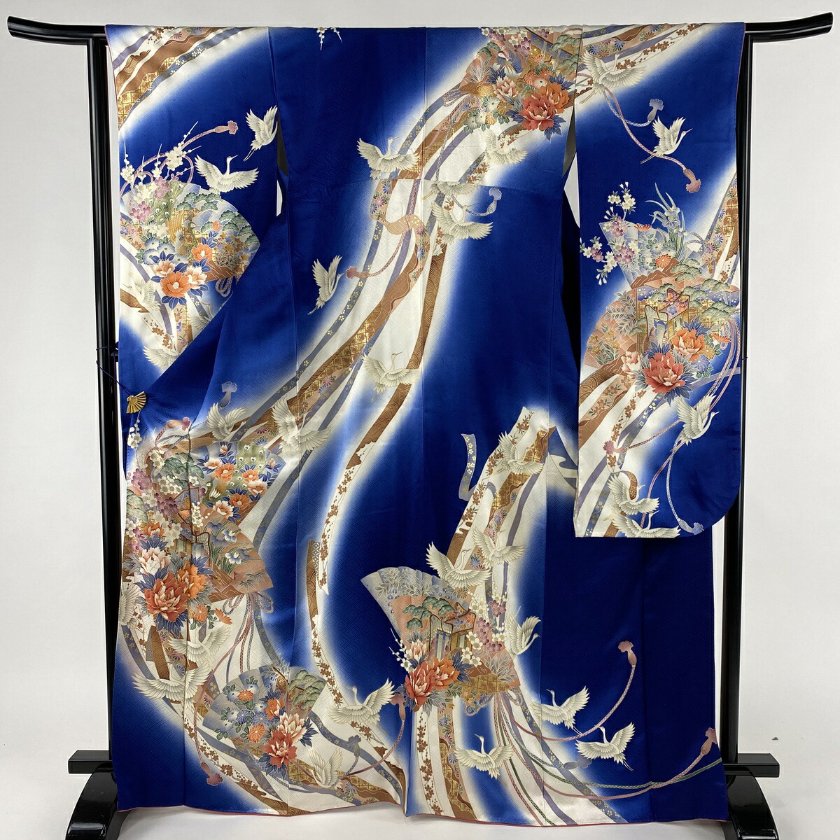 美しい 振袖 名品 鶴 花扇 金彩 金糸 藍色 袷 身丈169cm 裄丈64cm M 正絹 中古 爆売り Gmsaz Com