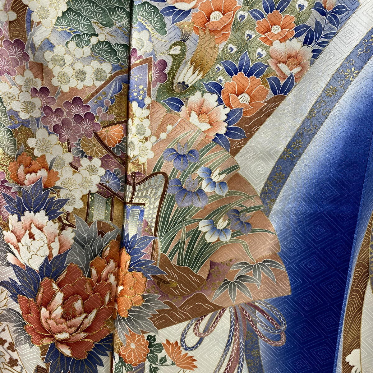 美しい 振袖 名品 鶴 花扇 金彩 金糸 藍色 袷 身丈169cm 裄丈64cm M 正絹 中古 爆売り Gmsaz Com