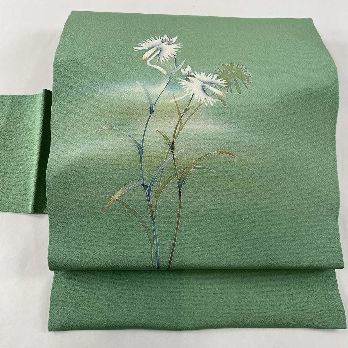 訳ありセール格安 名古屋帯 美品 秀品 落款あり 鷺草 ぼかし ちりめん 薄緑 正絹 中古 バイセルオンライン 店 激安ブランド Erieshoresag Org