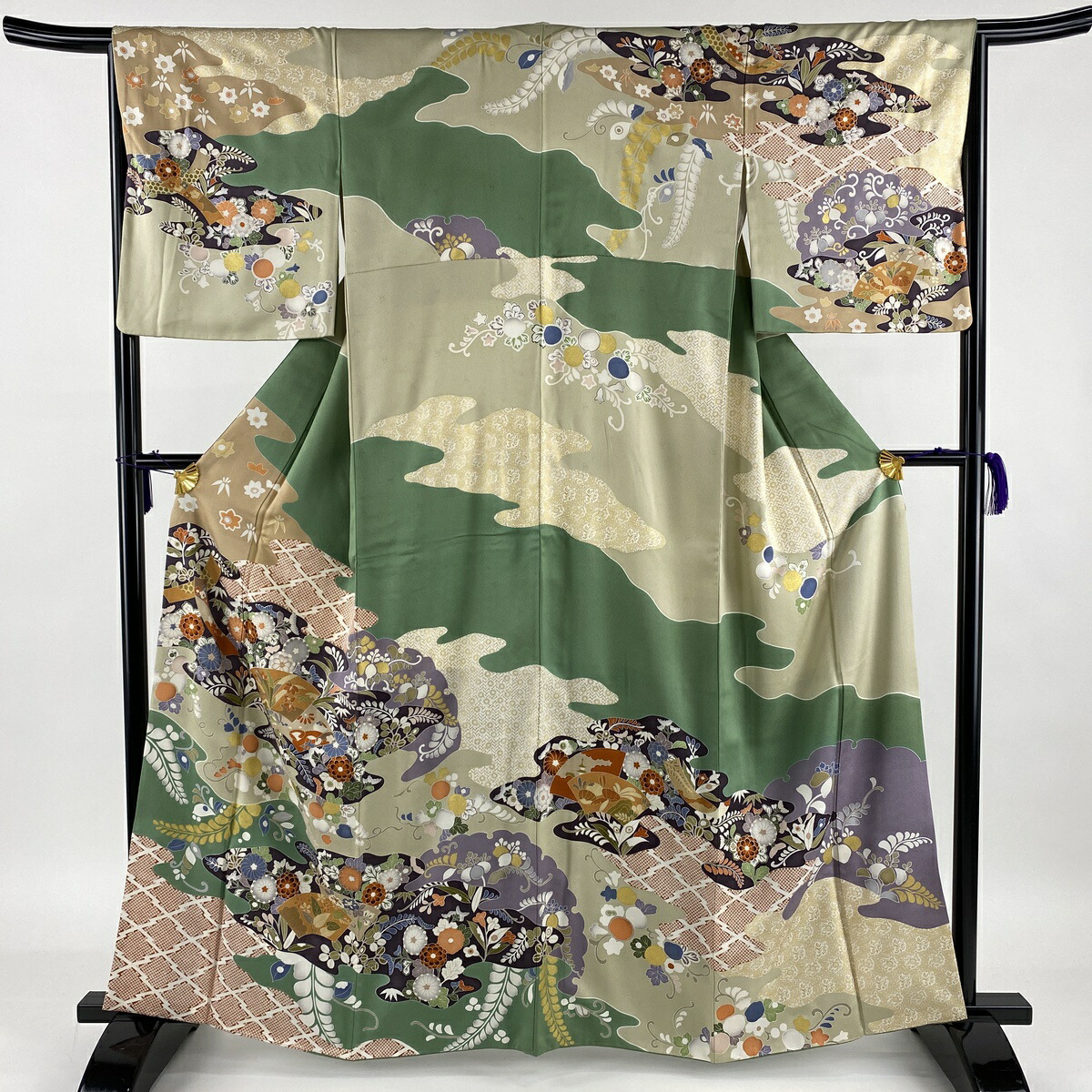 新作モデル 訪問着 美品 逸品 地紙 短冊 金糸 金彩 緑 袷 身丈162cm 裄丈66cm M 正絹 国際ブランド Www Translonga Com Pe