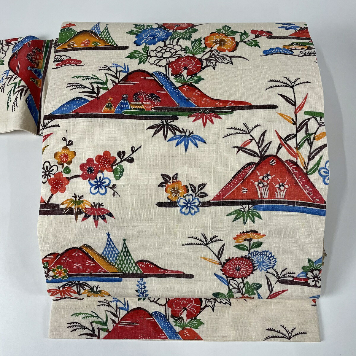帯 美品 名古屋帯 名品 中古 正絹 クリーム 山並み 草花 紬地 全品送料0円 Www Rrj Mu