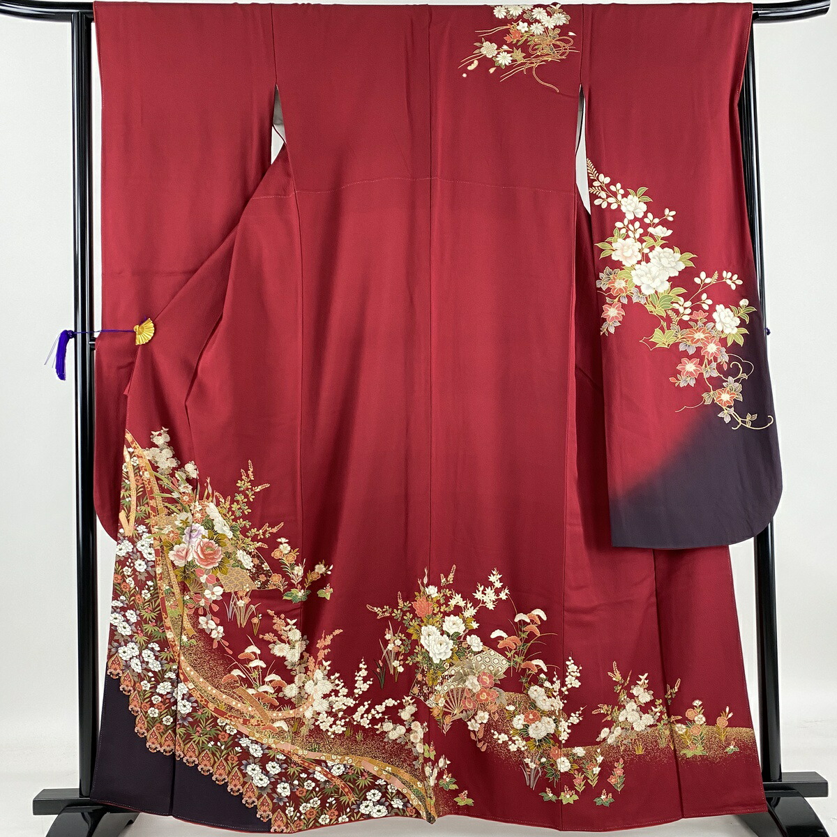 年末のプロモーション 着物-M 裄丈65cm 身丈161cm 袷 赤 金彩 刺繍 ...