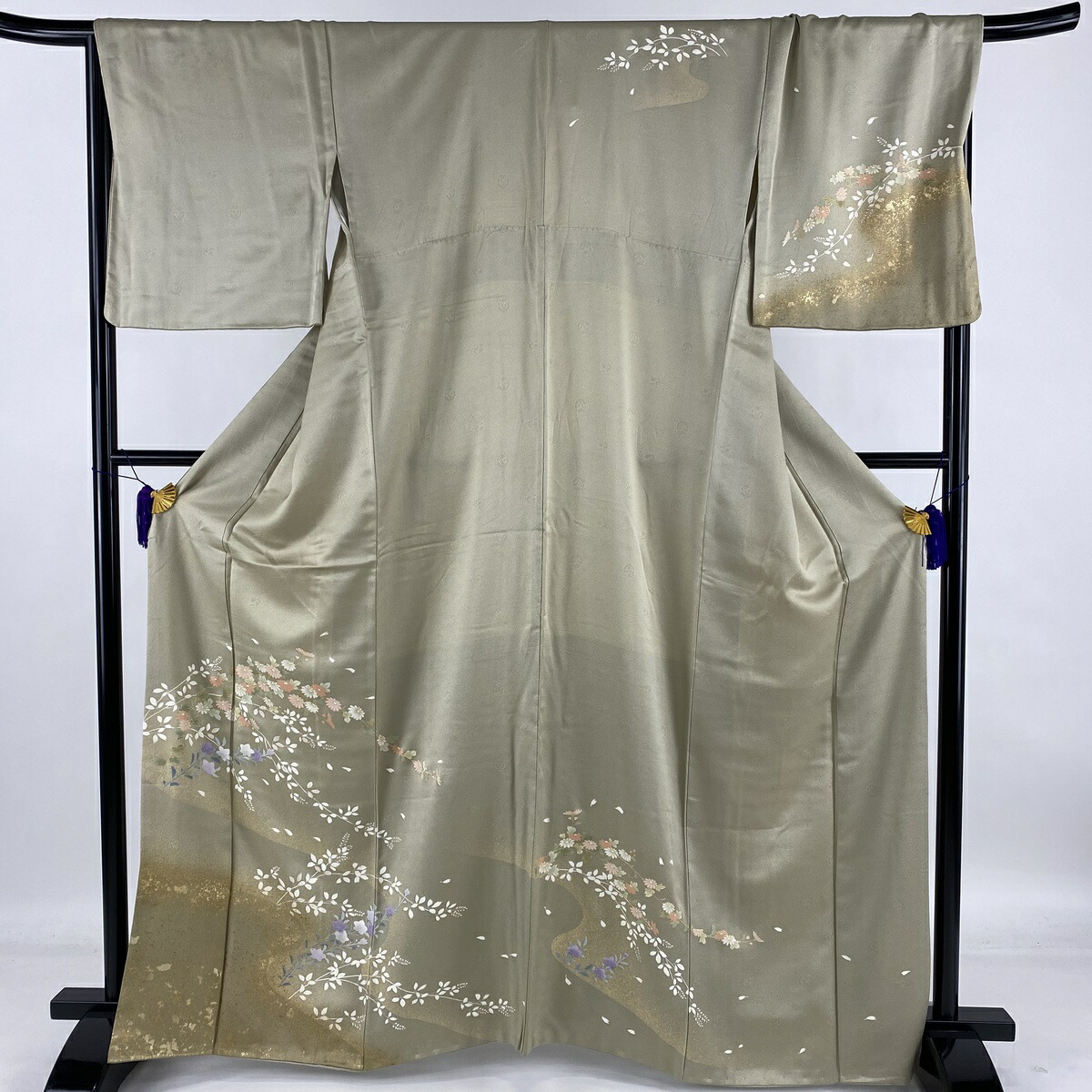着物 裄丈69cm 身丈165cm 袷 灰緑 金糸 金彩 霞 秋草 名品 訪問着 L 中古 正絹 お見舞い Blog Paraisodasbombas Com Br