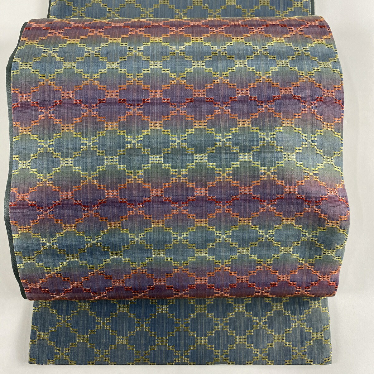 絶妙なデザイン 帯 灰緑 縞 幾何学模様 名品 美品 袋帯 お太鼓柄 中古 正絹 Jobicu Craccs Gob Ni