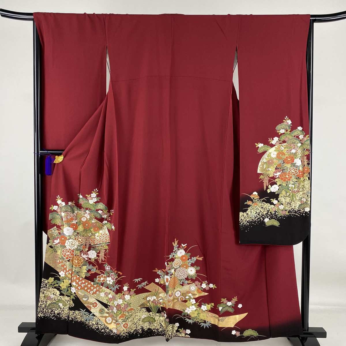 着物 独特な 身丈159cm 袷 赤黒 染め分け 金銀彩 草花 扇 鈴乃屋 名品 美品 振袖 裄丈66cm 中古 正絹 M Www Vahmaa Com