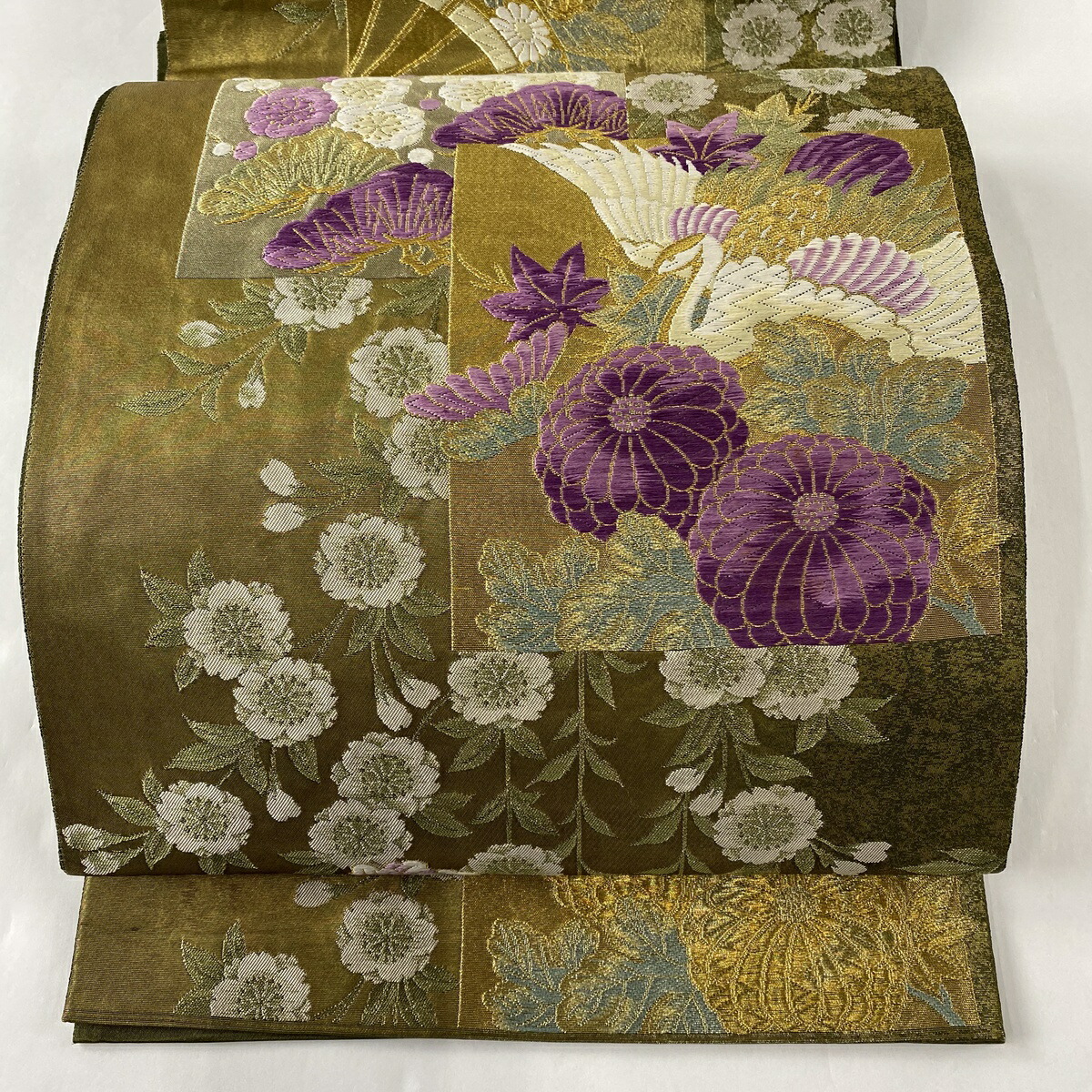 帯 人気ブランドの 中古 正絹 お太鼓柄 金色 金糸 箔 草花 鶴 じゅらく帝王紫 落款あり 名品 美品 袋帯 Zivejgovivax Mk