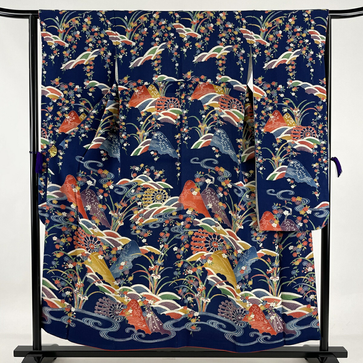 振袖 美品 優品 山並み 槌車 縮緬 紺色 袷 154cm 64cm M 正絹 中古 Highsoftsistemas Com Br