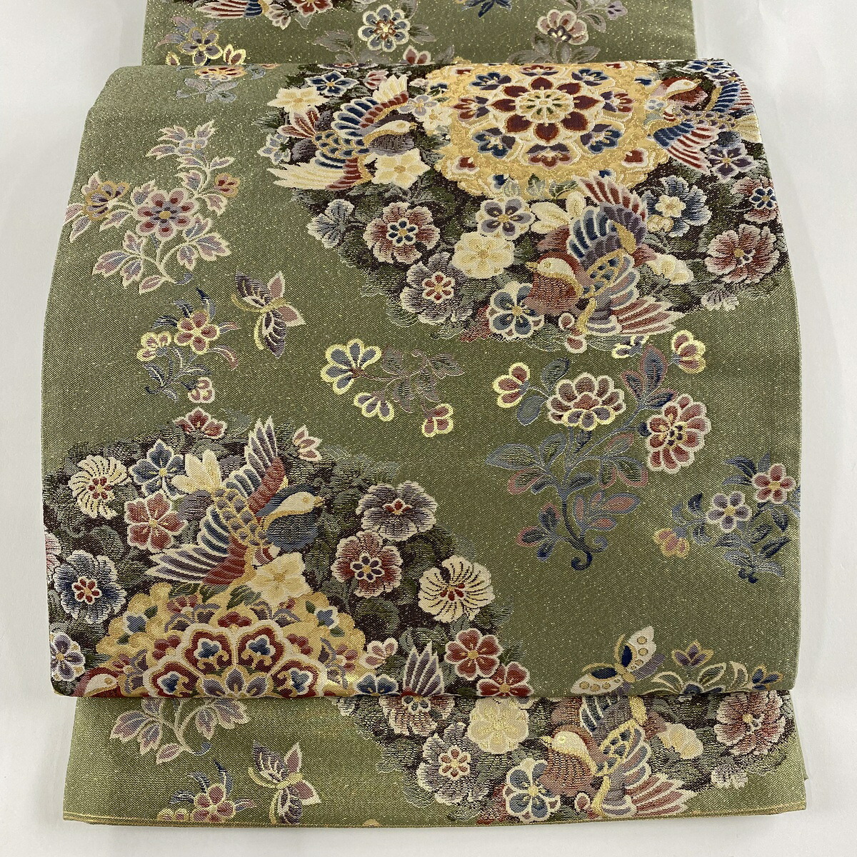 袋帯 美品 秀品 瑞祥華鳥綴 花丸文 蝶 箔 金糸 よもぎ色 六通 正絹 中古 Cyberprofitstoday Com