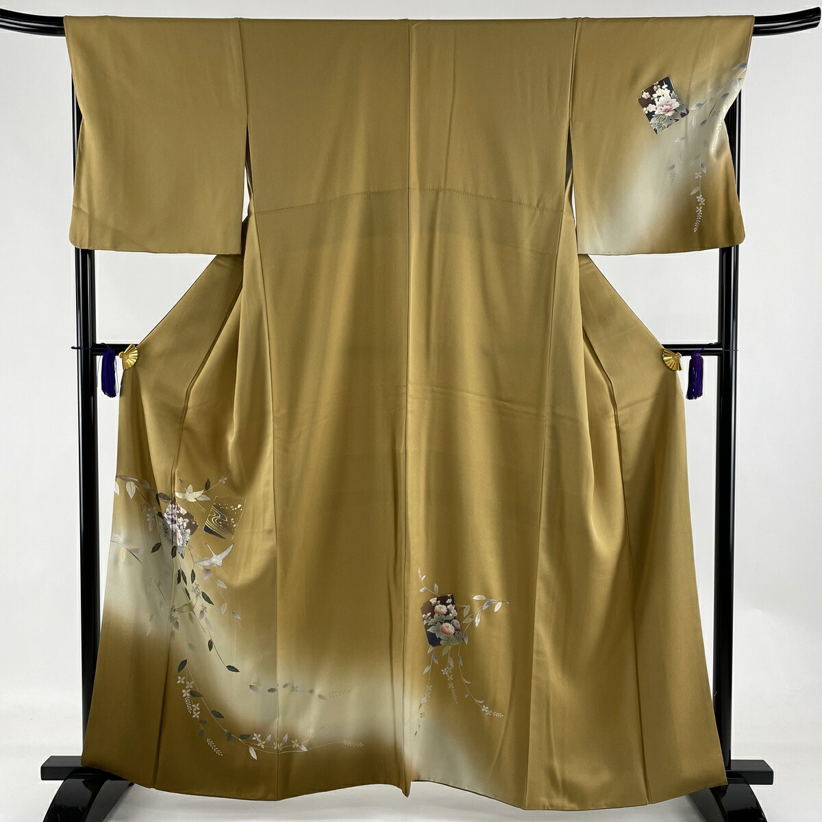 訪問着 美品 秀品 草花 鳥 金銀彩 黄土色 袷 161cm 68cm L 正絹 中古 Bouncesociety Com