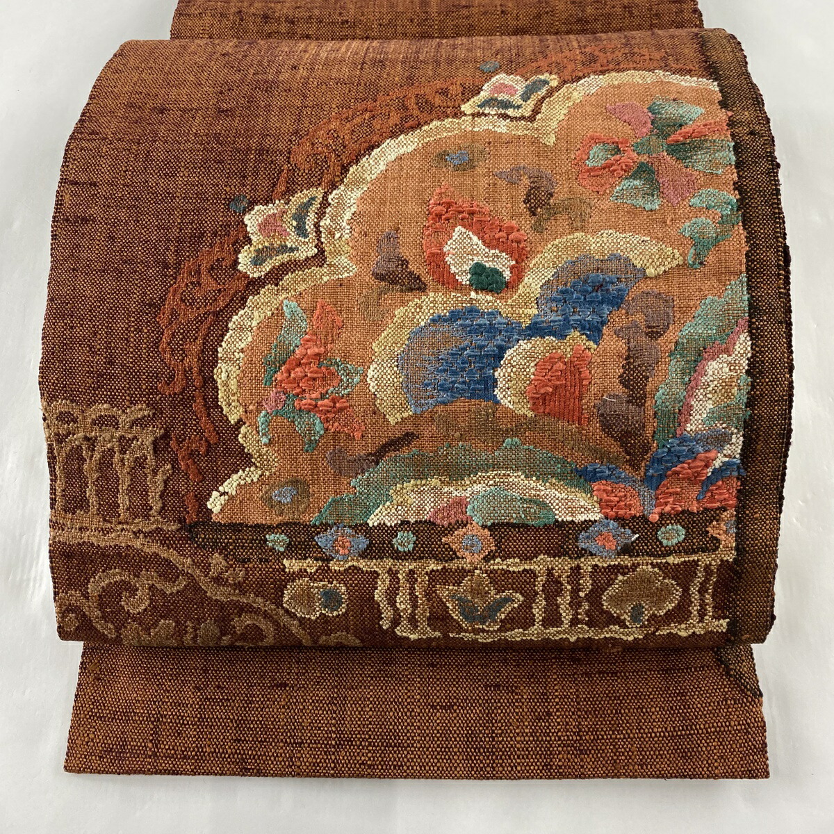 名古屋帯ランクa 中古 美品送料無料リサイクル名品名古屋帯帯帯松葉仕立て草花 バイセルオンライン茶色美品紬地店正絹