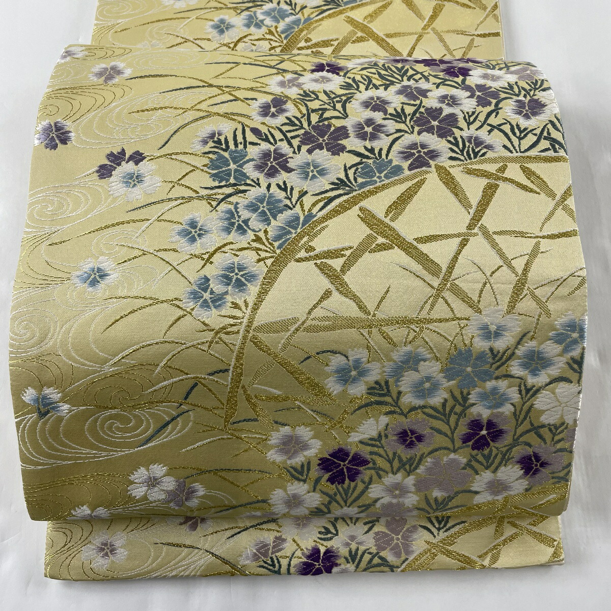 袋帯 美品 名品 落款あり 古代帝王紫 上品 撫子 流水 金糸 薄黄 六通 正絹 中古 Andapt Com