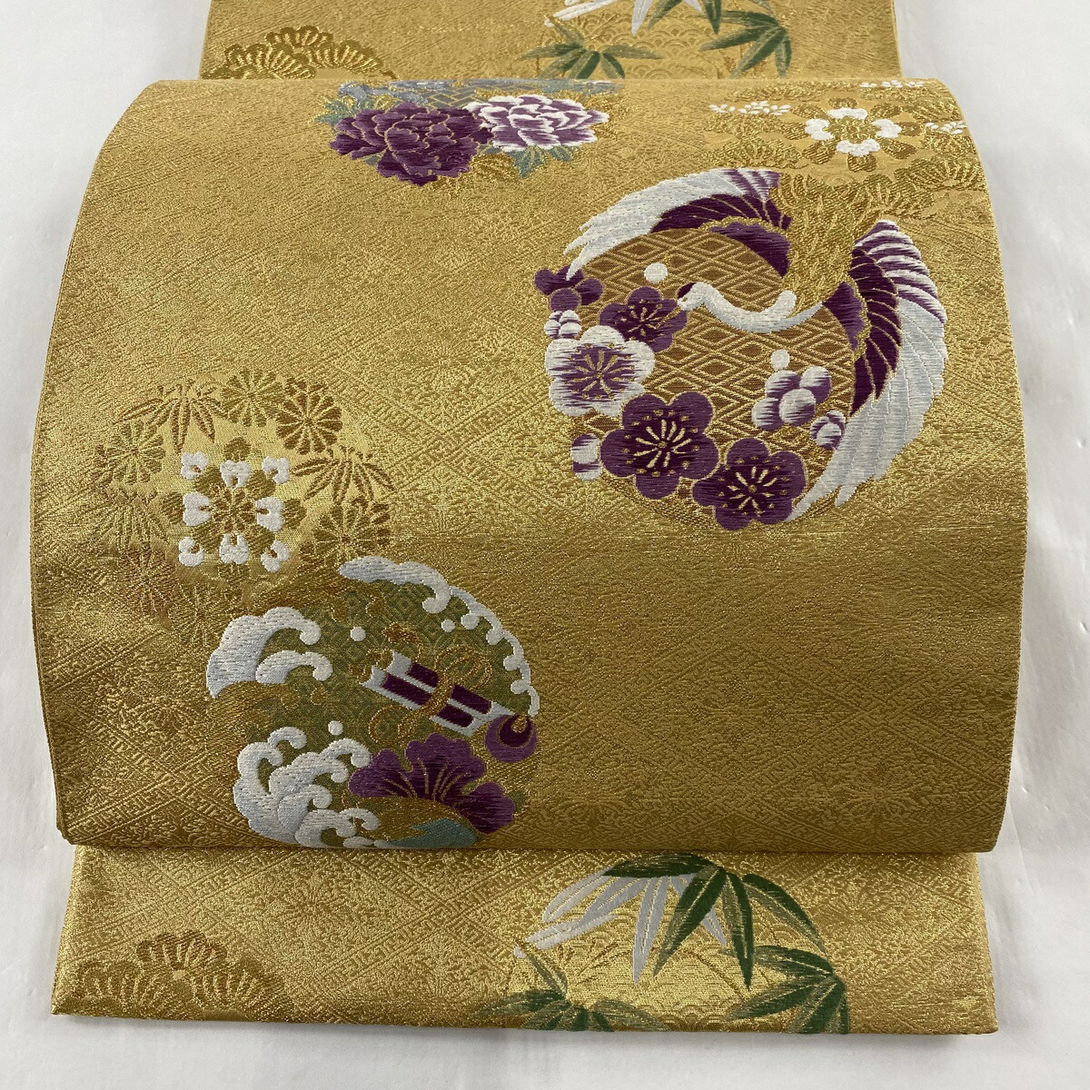 袋帯 美品 名品 落款あり じゅらく帝王紫 鶴 松竹梅 金糸 箔 金色 お太鼓柄 正絹 中古 Bouncesociety Com