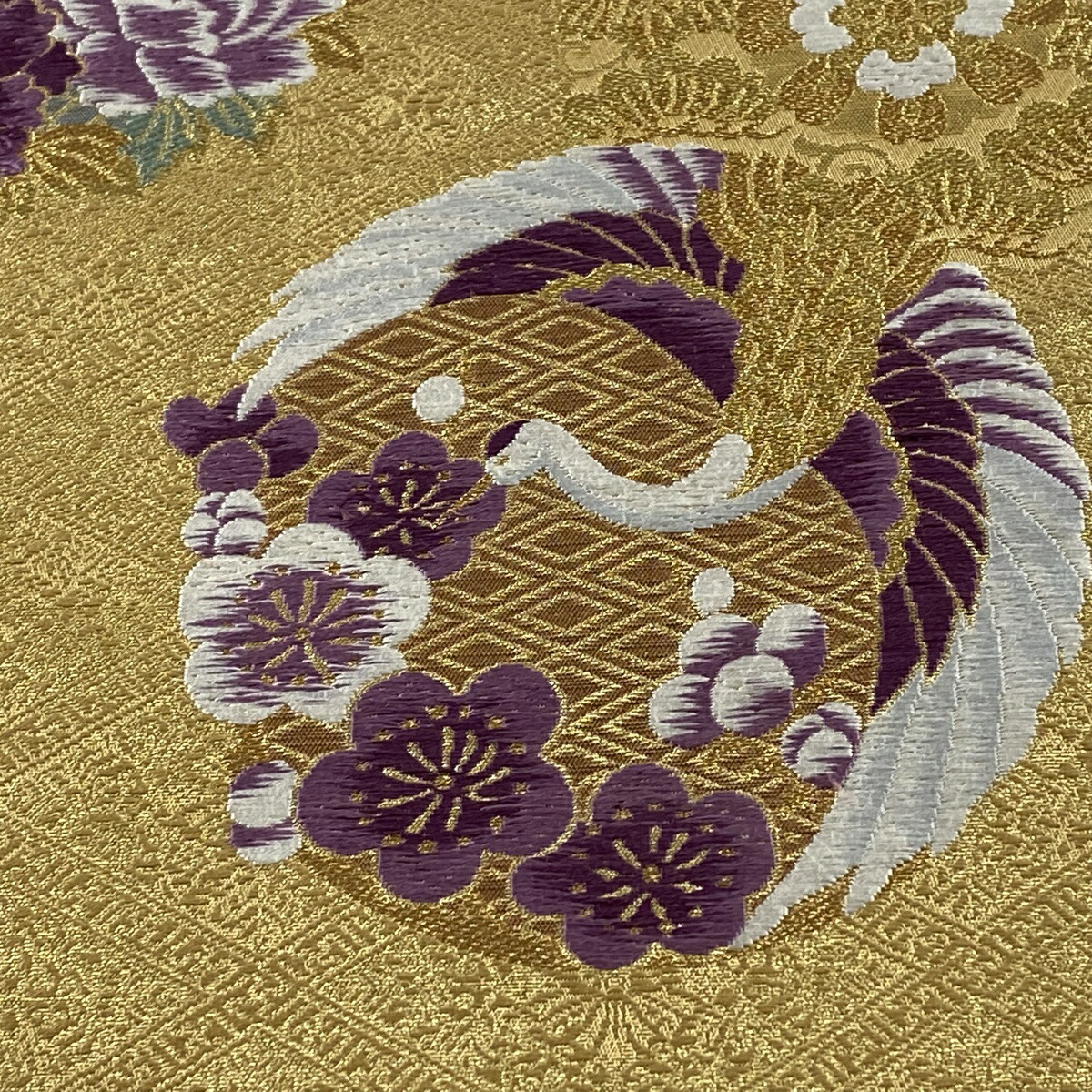 袋帯 美品 名品 落款あり じゅらく帝王紫 鶴 松竹梅 金糸 箔 金色 お太鼓柄 正絹 中古 Rvcconst Com
