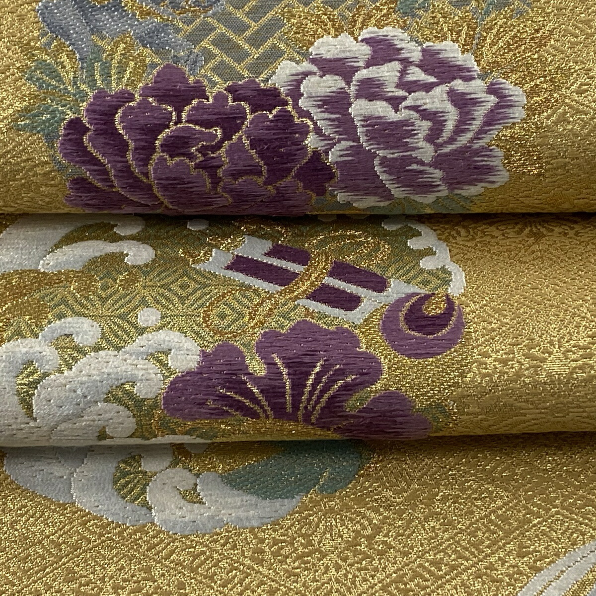 袋帯 美品 名品 落款あり じゅらく帝王紫 鶴 松竹梅 金糸 箔 金色 お太鼓柄 正絹 中古 Rvcconst Com