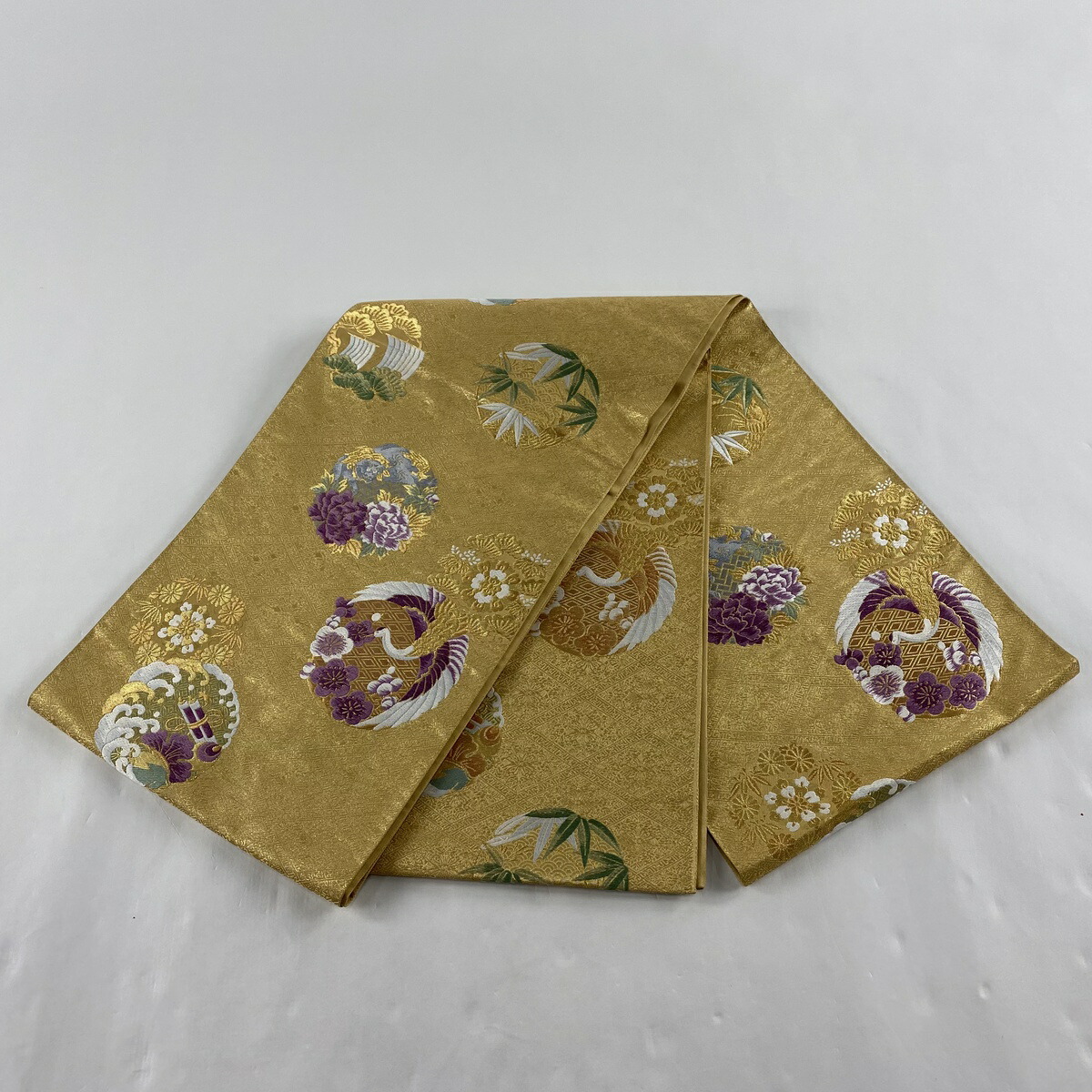 袋帯 美品 名品 落款あり じゅらく帝王紫 鶴 松竹梅 金糸 箔 金色 お太鼓柄 正絹 中古 Magazinpegas Cz