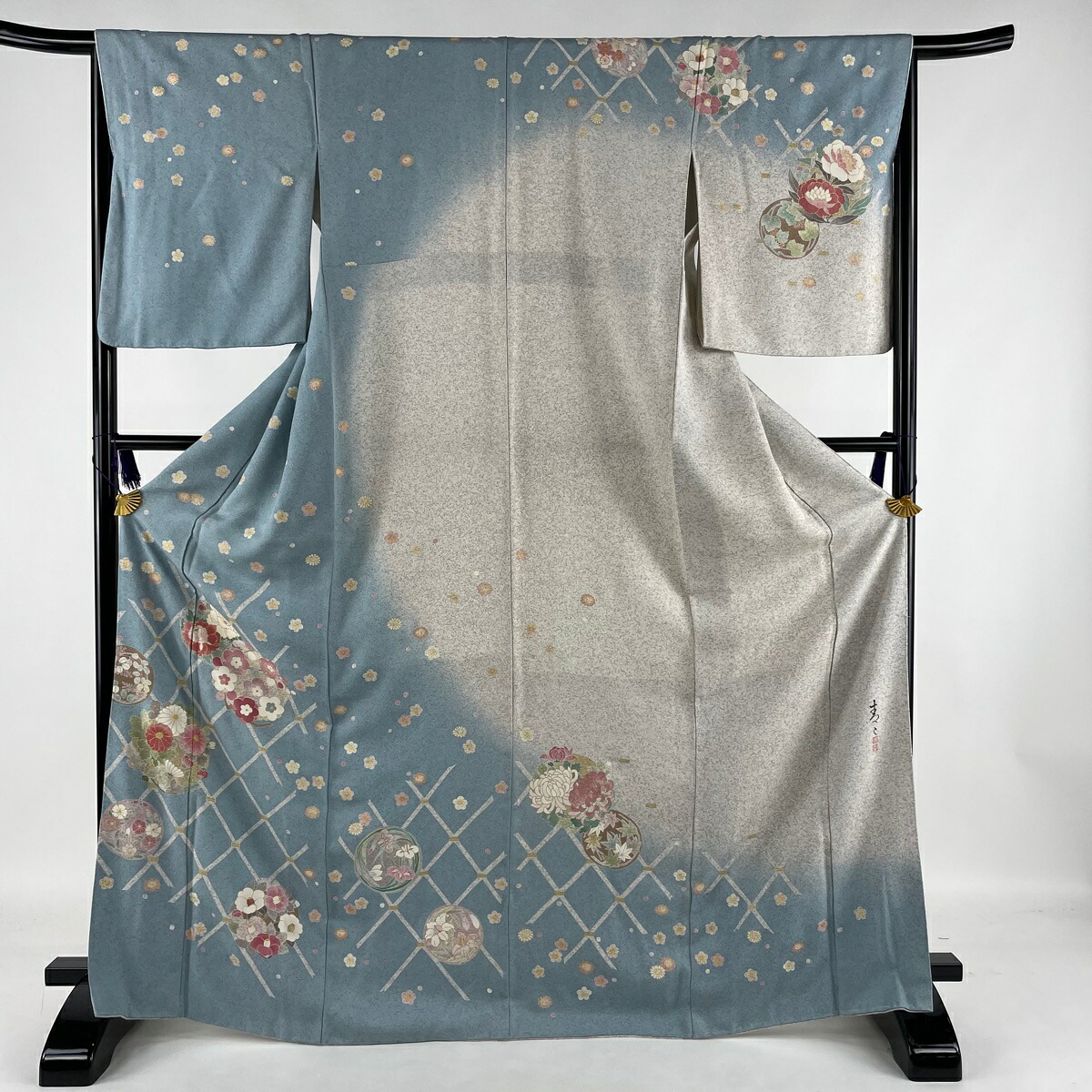 訪問着 美品 逸品 落款あり 二代目 松井青々 花丸文 垣根 金彩 染め分け 水色 袷 身丈168cm 裄丈66 5cm M 正絹 中古 Otce Cl