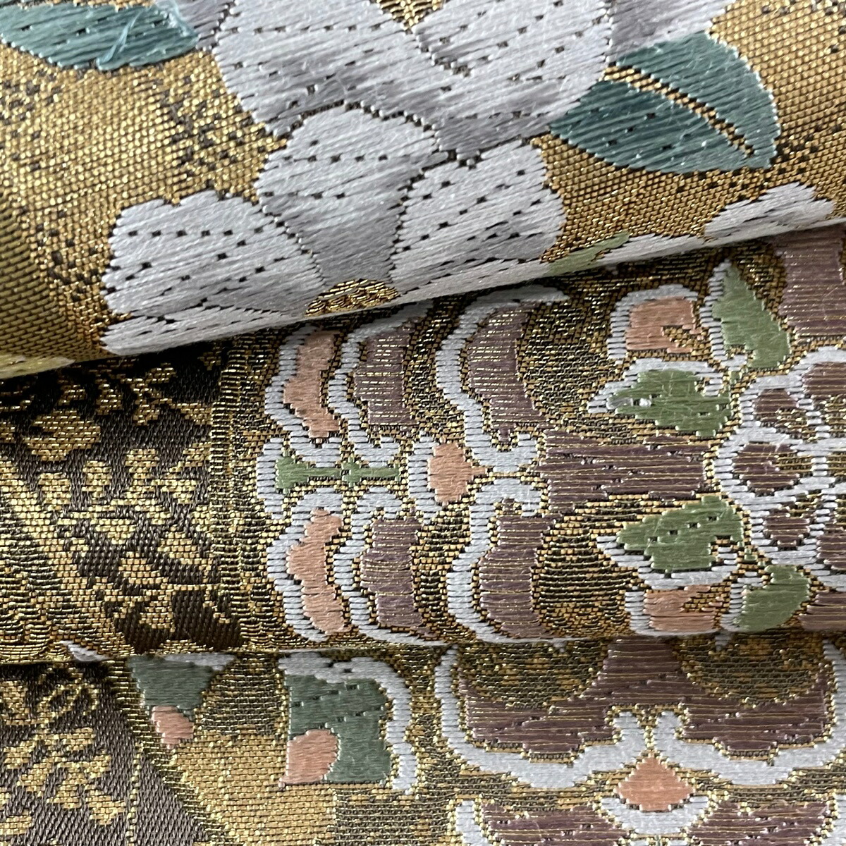袋帯 美品 秀品 草花屏風図 金糸 箔 茶緑色 六通 正絹 中古 Sermus Es