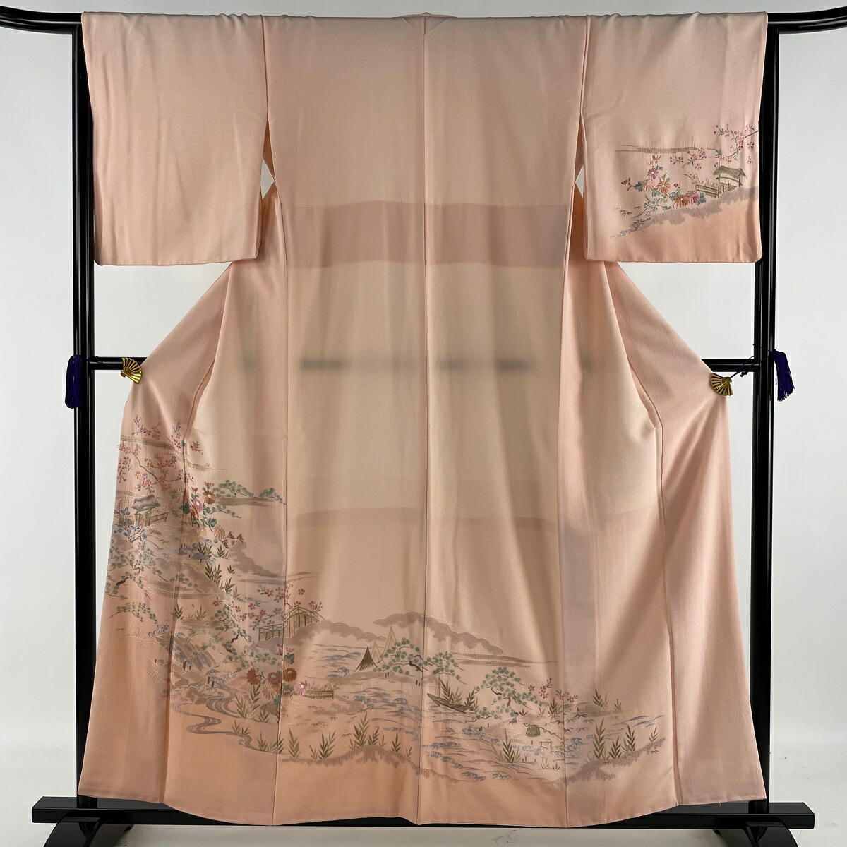 訪問着 秀品 水辺の風景 草花 金糸 刺繍 薄ピンク 袷 157cm 65cm M 正絹 中古 Jaquemeng Com