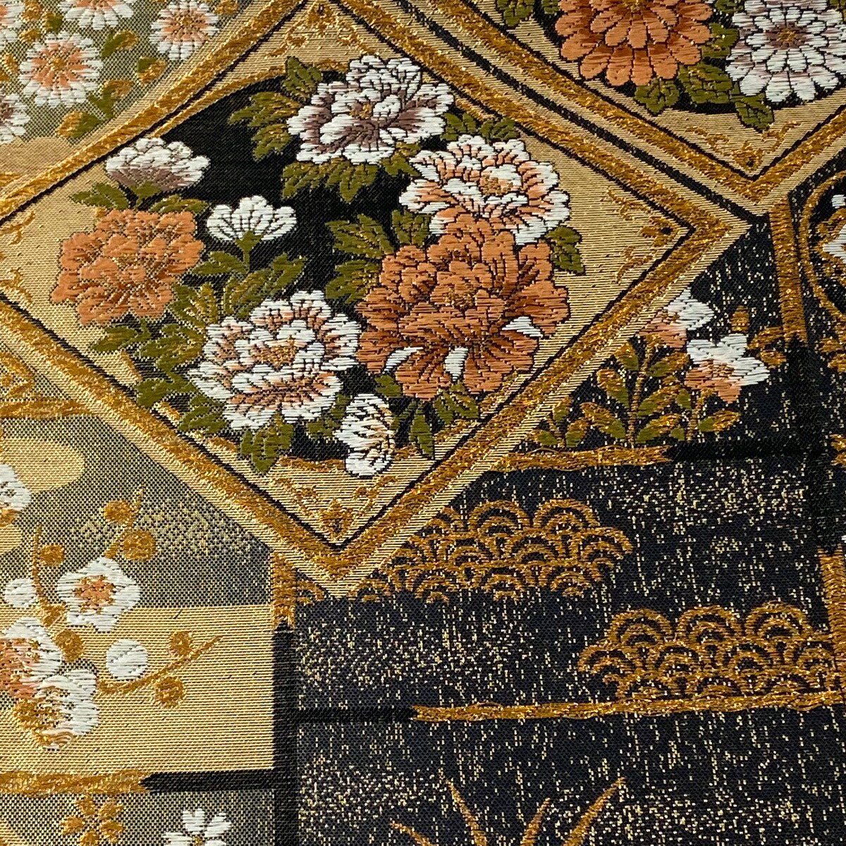 袋帯 ビューティー優美さ 高上品 被子植物 有職文様 金糸 ホイル 墨色 鑑定家 正絹 中古 Bairien Yamagata Jp