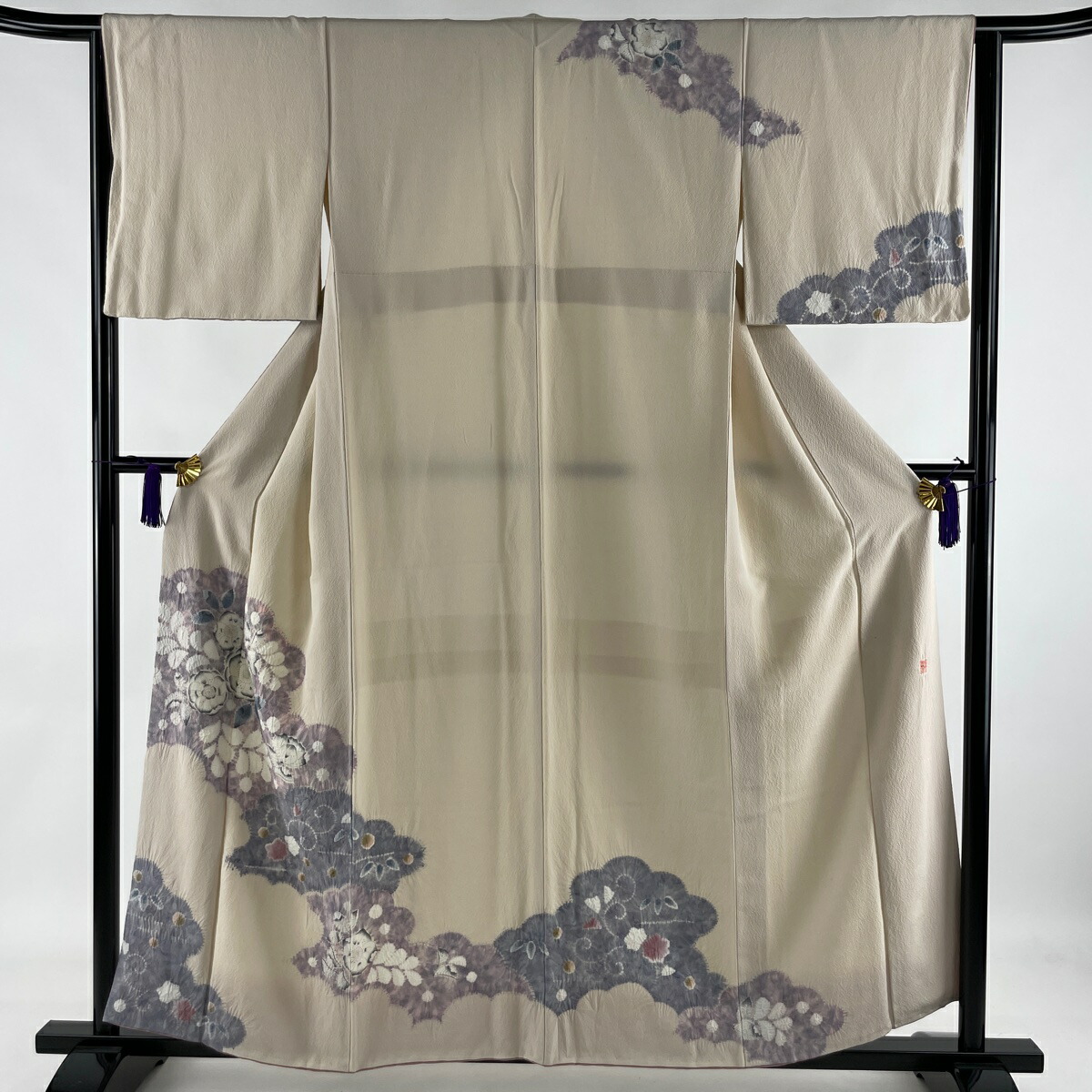 訪問着 秀品 落款あり 滝泰 辻が花 ベージュ 袷 158cm 64cm M 正絹 中古 Ice Org Br