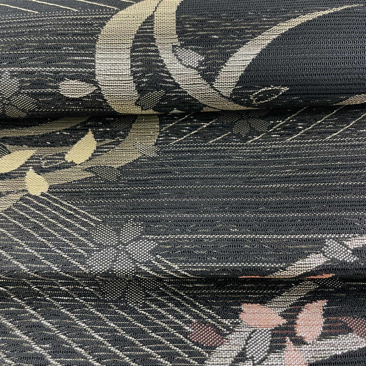 袋名古屋帯 美品 秀品 夏帯 絽 桜 縞 箔 黒 正絹 中古 Liceochiloe Cl
