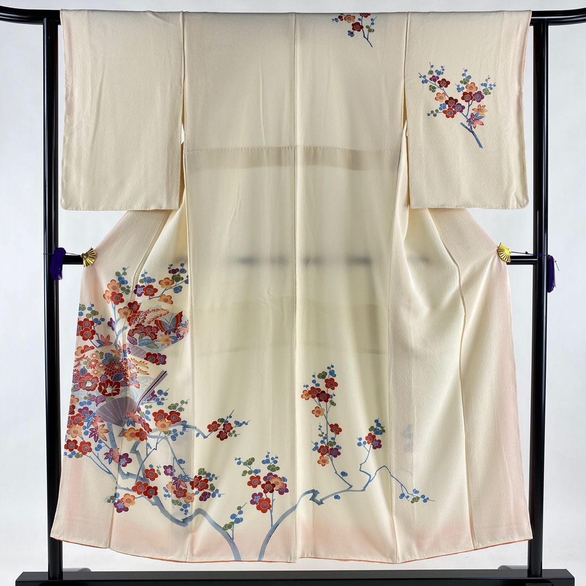 訪問着 美品 優品 扇 枝梅 縮緬 クリーム 袷 151cm 62cm S 正絹 中古 Maf Gov Ws