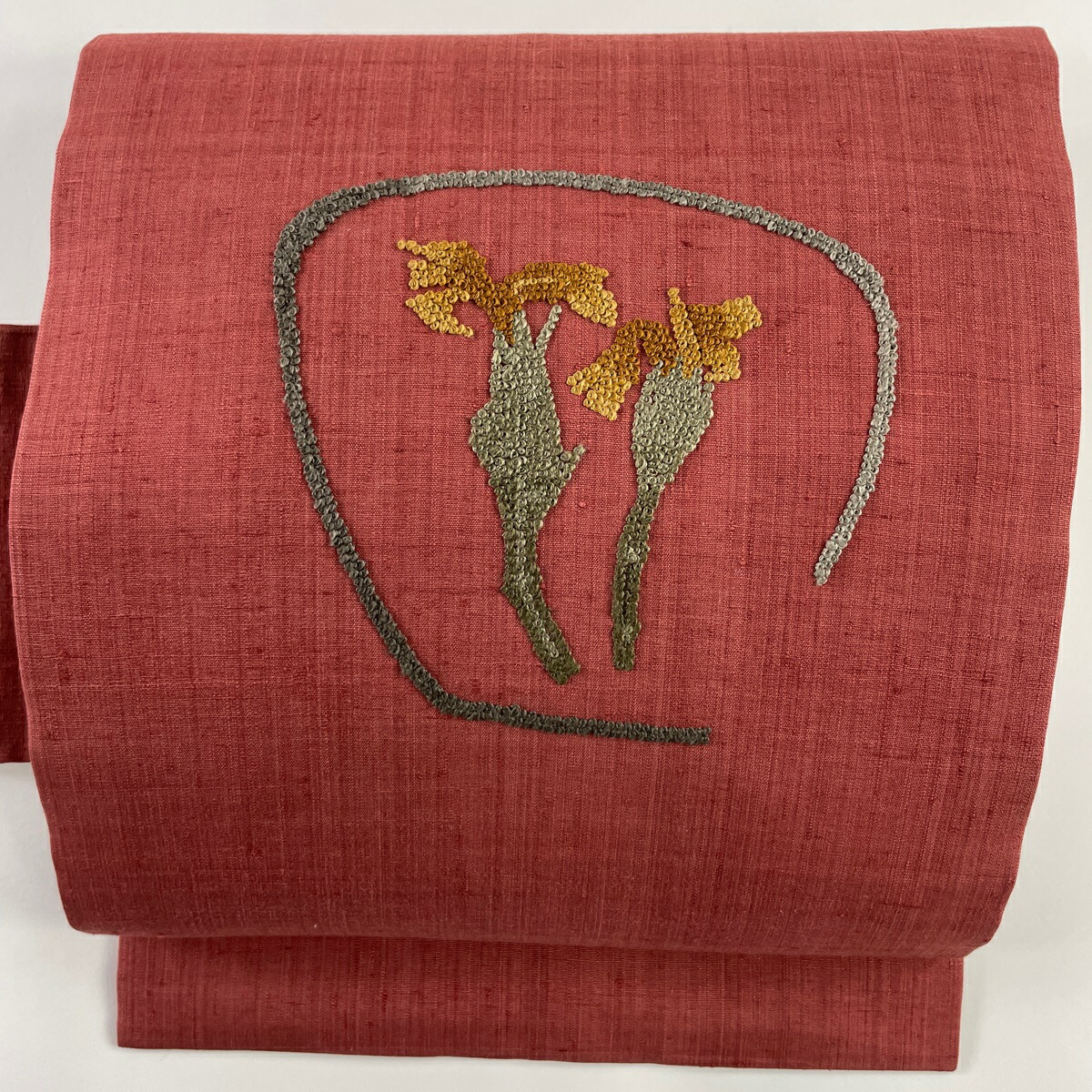 ファッションデザイナー SALE 袋帯 美品 逸品 華文 草花 金糸 刺繍 茶色 お太鼓柄 正絹 中古 recantosolasol.com.br