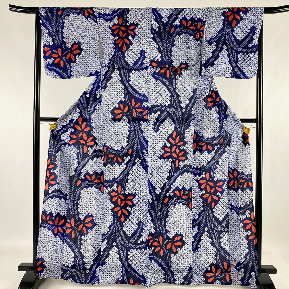 浴衣 名品 絞り浴衣 草花 紺色 167.5cm 65cm M 綿