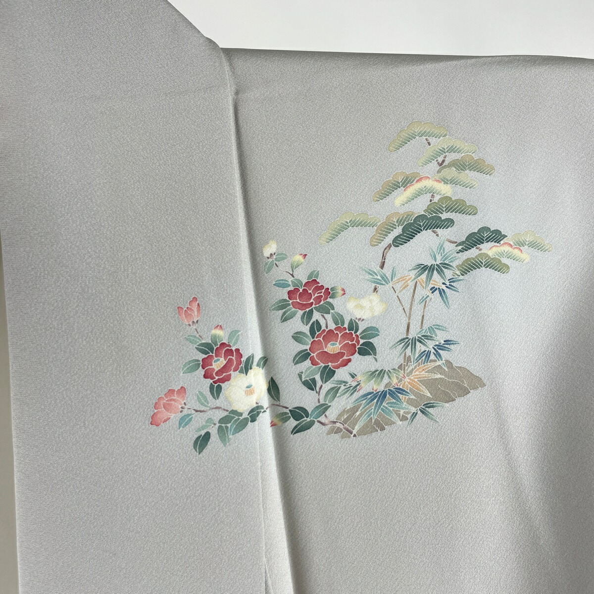 着物セット 秀品 L 松竹梅 正絹 灰色 菊 落款あり 袋帯セット 袷 裄丈69cm 身丈162cm 使い勝手の良い 落款あり