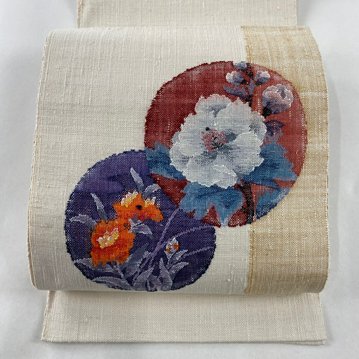 ブランド品 名古屋帯 秀品 八寸名古屋帯 紬地 丸文 草花 クリーム 正絹 中古