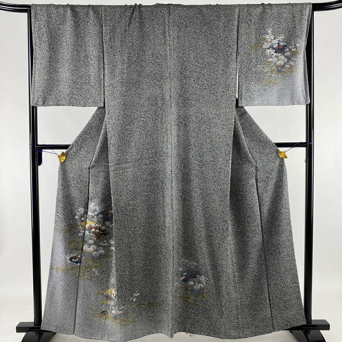 週間売れ筋 付下げ 秀品 扇面 草花 金銀彩 黒灰 袷 160cm 67cm M 正絹 中古